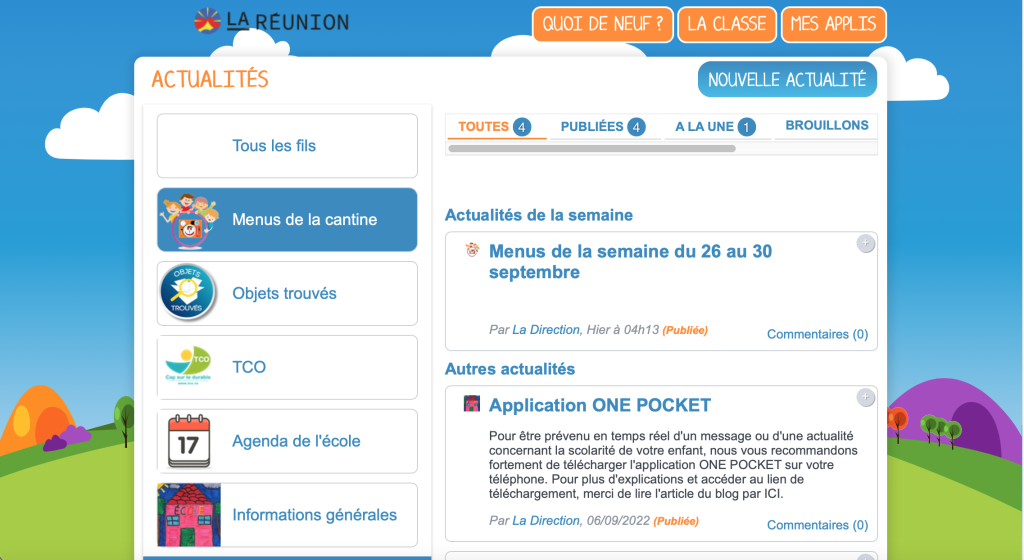 Un exemple d’utilisation de l’application Actualités dans l’ENT ONE en maternelle. 