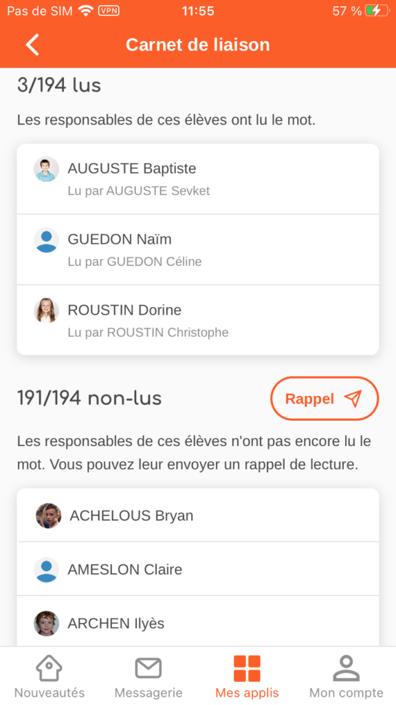 Le carnet de liaison sur ONE Pocket. 