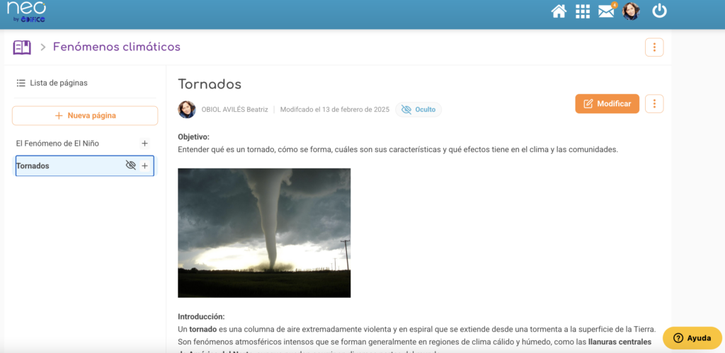 La aplicacion pedagógica Cursos y Wiki, NEO