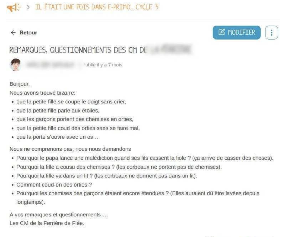 Des élèves de cycle 3 partage leur analyse d'un conte sur l'espace numérique de travail e-primo. 